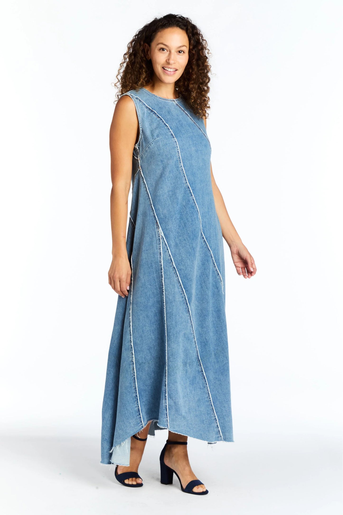 Diagonal Denim Paneled Maxi Dress