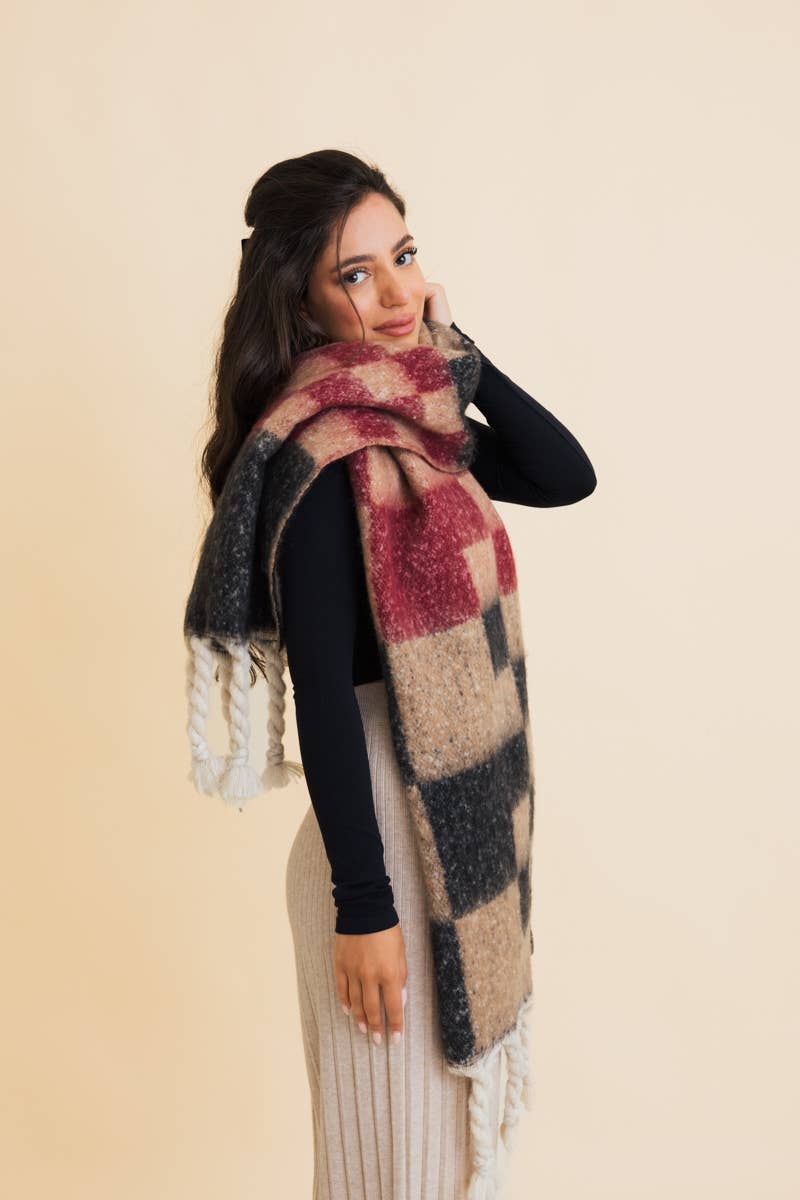 Multi Colored Checkered Scarf with Tassels