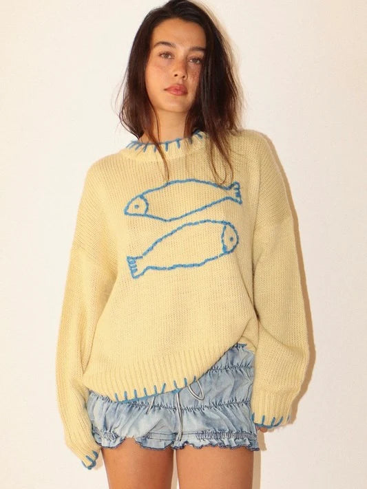 Sardine Pullover Sweater with Stitching Hem