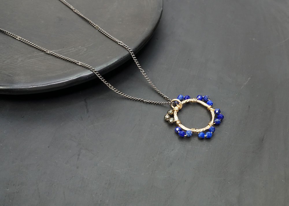 Lapis and Pyrite Gold Flower Pendant Necklace