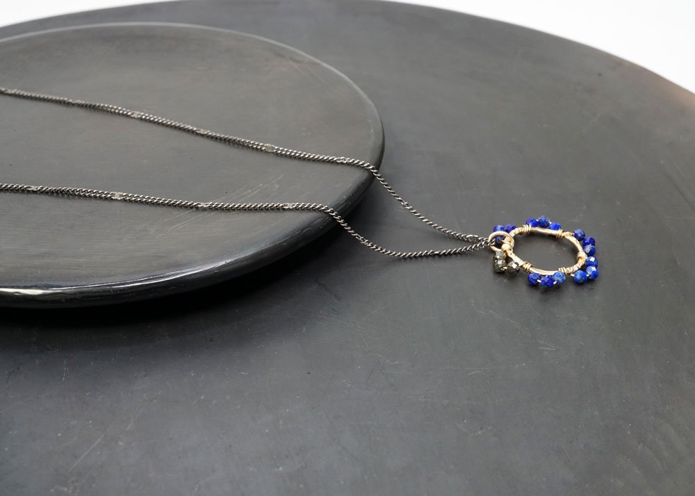 Lapis and Pyrite Gold Flower Pendant Necklace