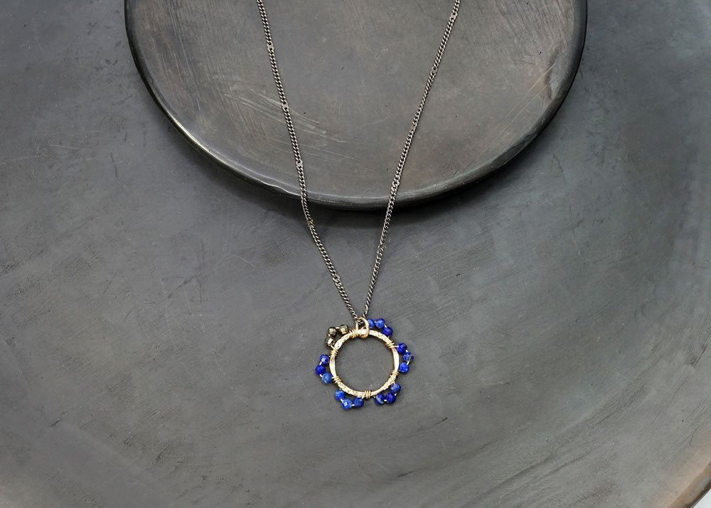 Lapis and Pyrite Gold Flower Pendant Necklace