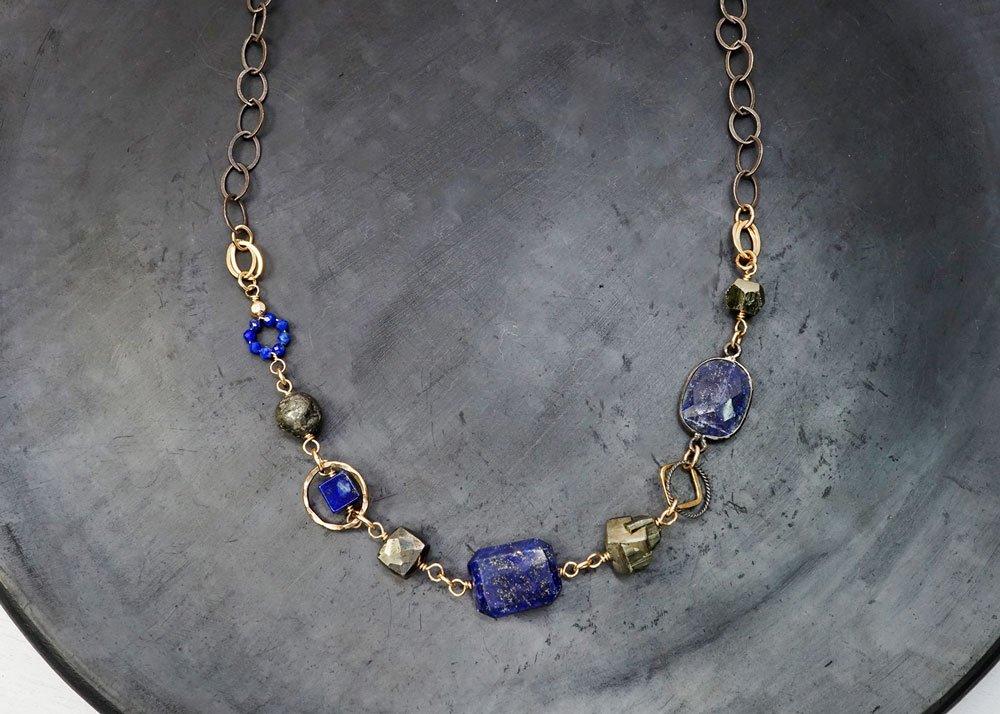 Chunky Lapis, Pyrite Necklace w/ Mixed Oxidized Silver and 14k Gold-Filled Chain