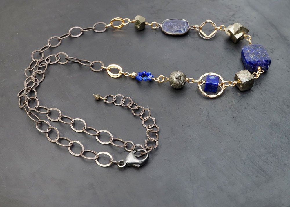 Chunky Lapis, Pyrite Necklace w/ Mixed Oxidized Silver and 14k Gold-Filled Chain