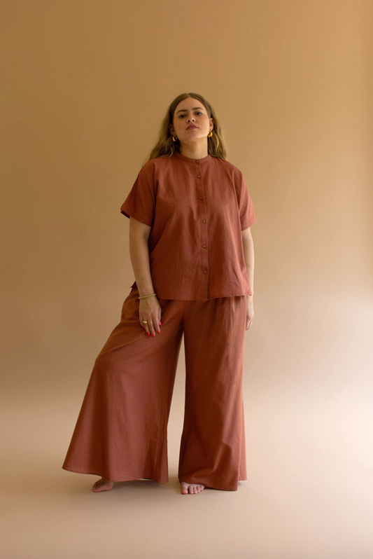 Sienna High-Neck Buttondown Short-Sleeve Blouse