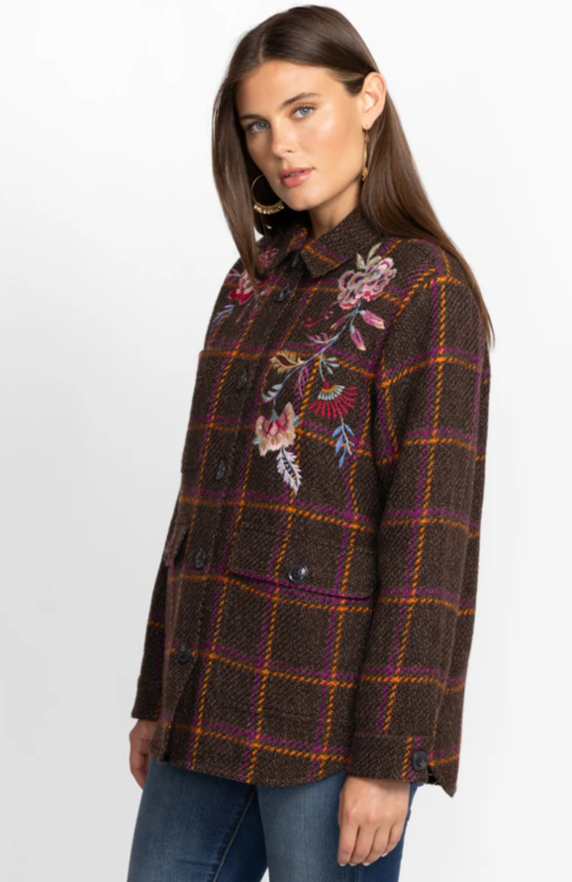 Garnet Plaid Embroidered Shirt Jacket