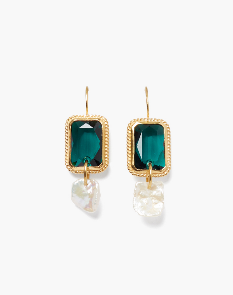 Bezel Wrapped Emerald Crystals and Fresh Water Pearl Earrings