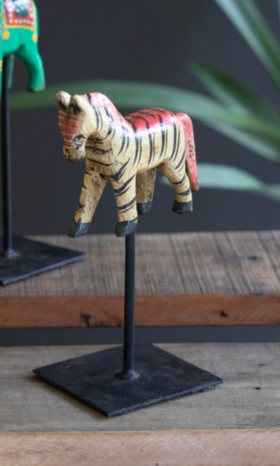 Painted Wooden Animals on Metal Stands