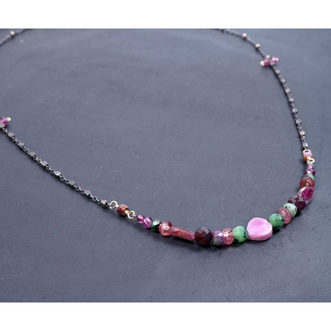 Ruby Zoisite, Pink Sapphire, Garnet, and Pink Tourmaline on Oxidized Silver Chain Necklace