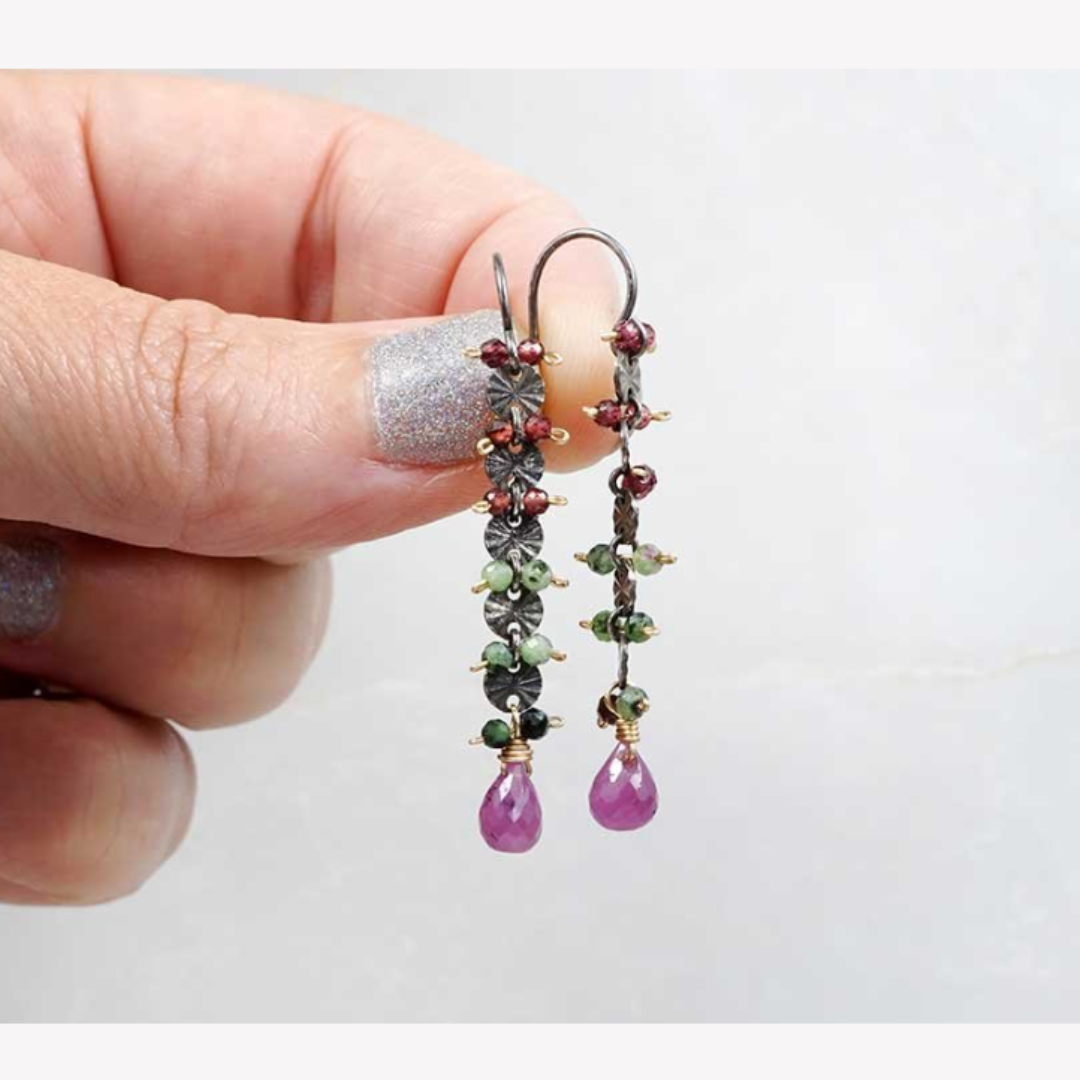 Ruby Zoisite, Ruby & Garnet Oxidized Silver Ladder Earrings