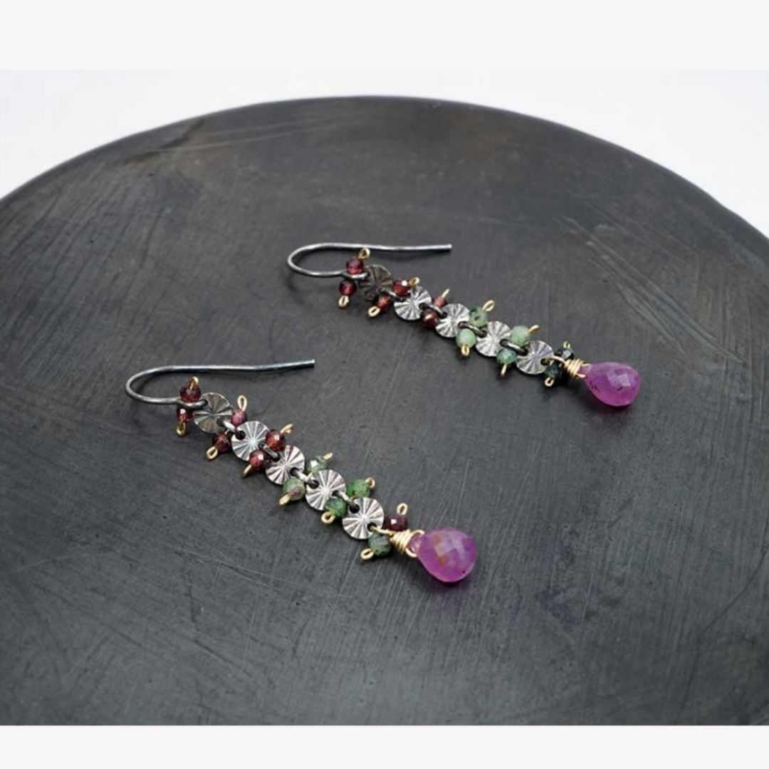 Ruby Zoisite, Ruby & Garnet Oxidized Silver Ladder Earrings