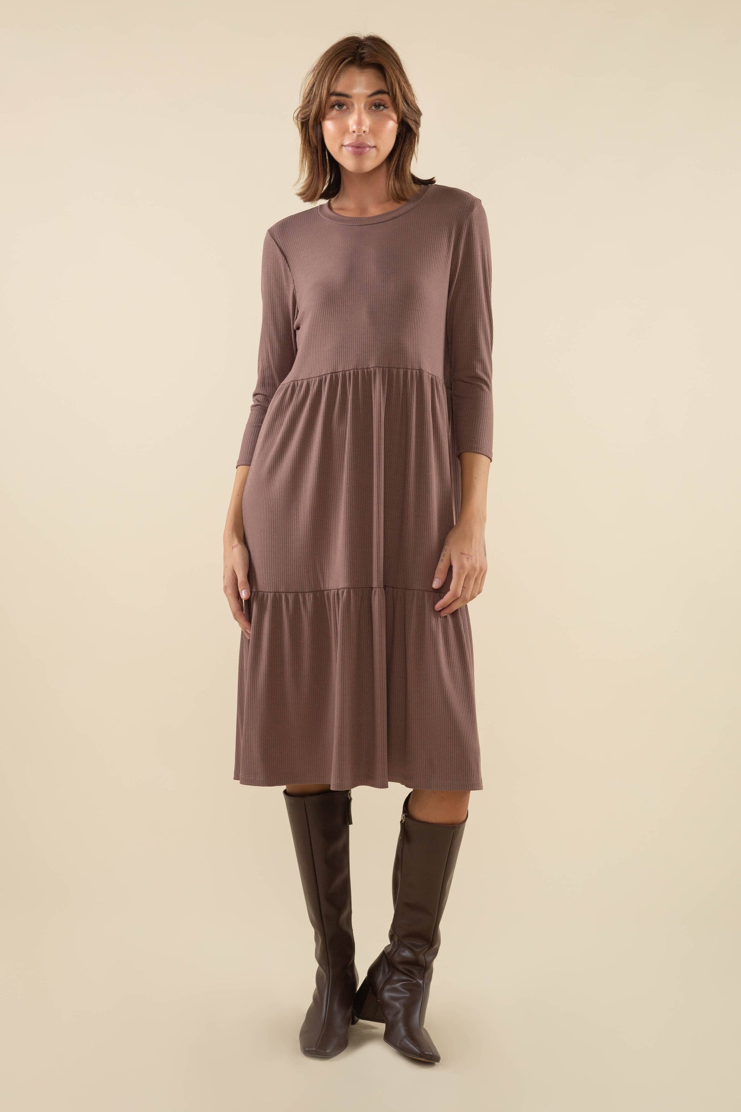 Lacy Rib Tiered 3/4 Sleeve Midi Dress