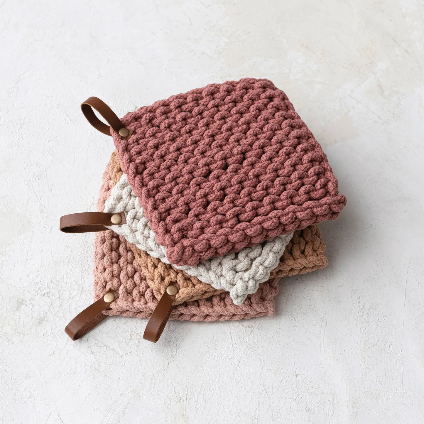 Chunky Knit Cotton Pot Holder with Leather Loop