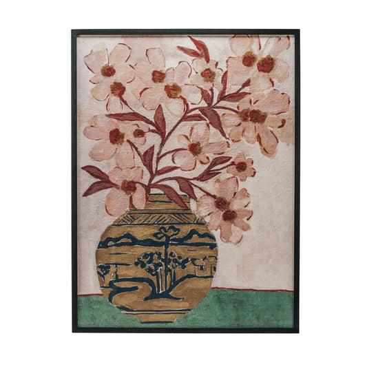 Linh Wood Framed Glass Wall Décor with Flowers in Vase