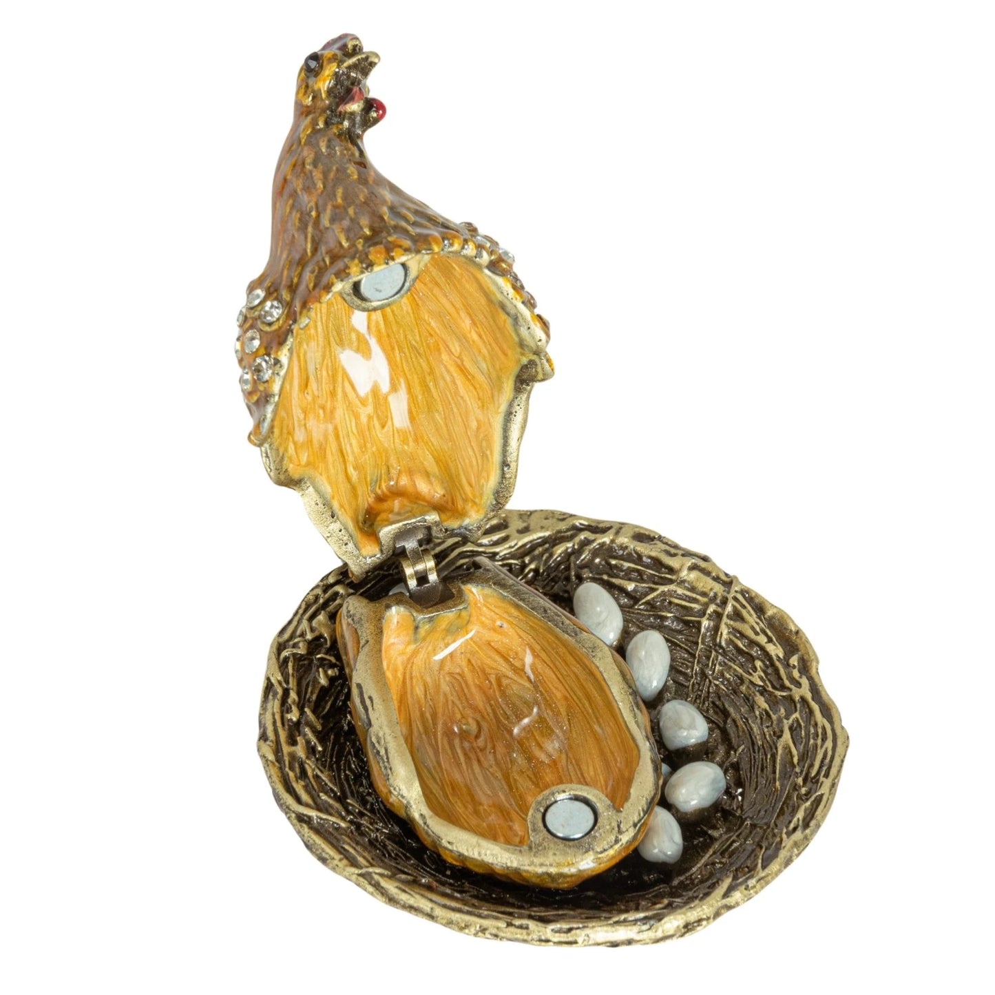 Enameled Metal Hen On Nest Shaped Trinket Box