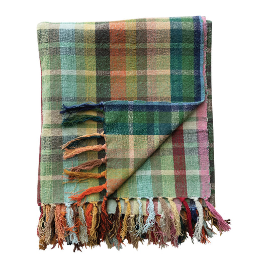 Romy Woven Cotton Throw with Pattern & Fringe Plaid