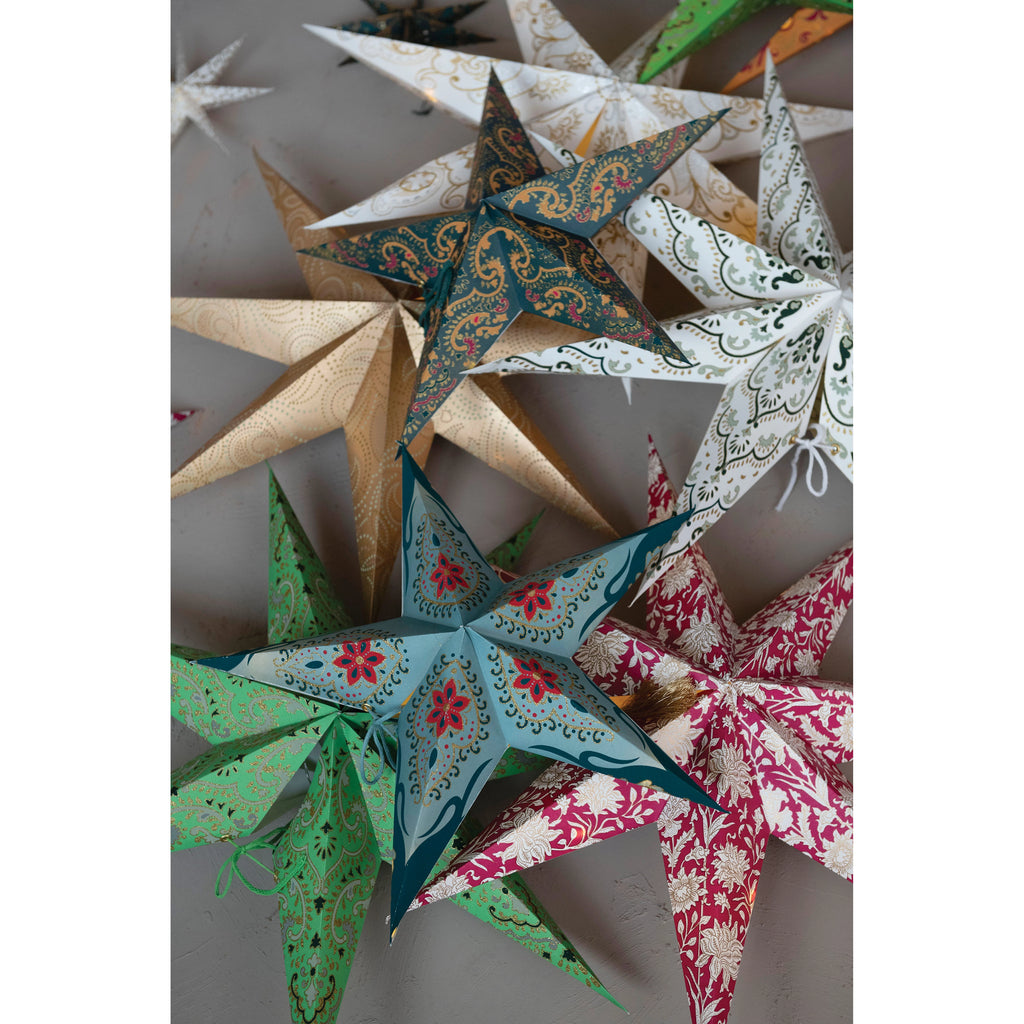 18" Battery Operated, Lighted 5-Point Printed Paper Star Decor