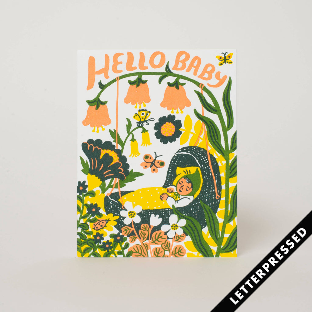 Hello Baby Bassinet Yellow Letterpress Card