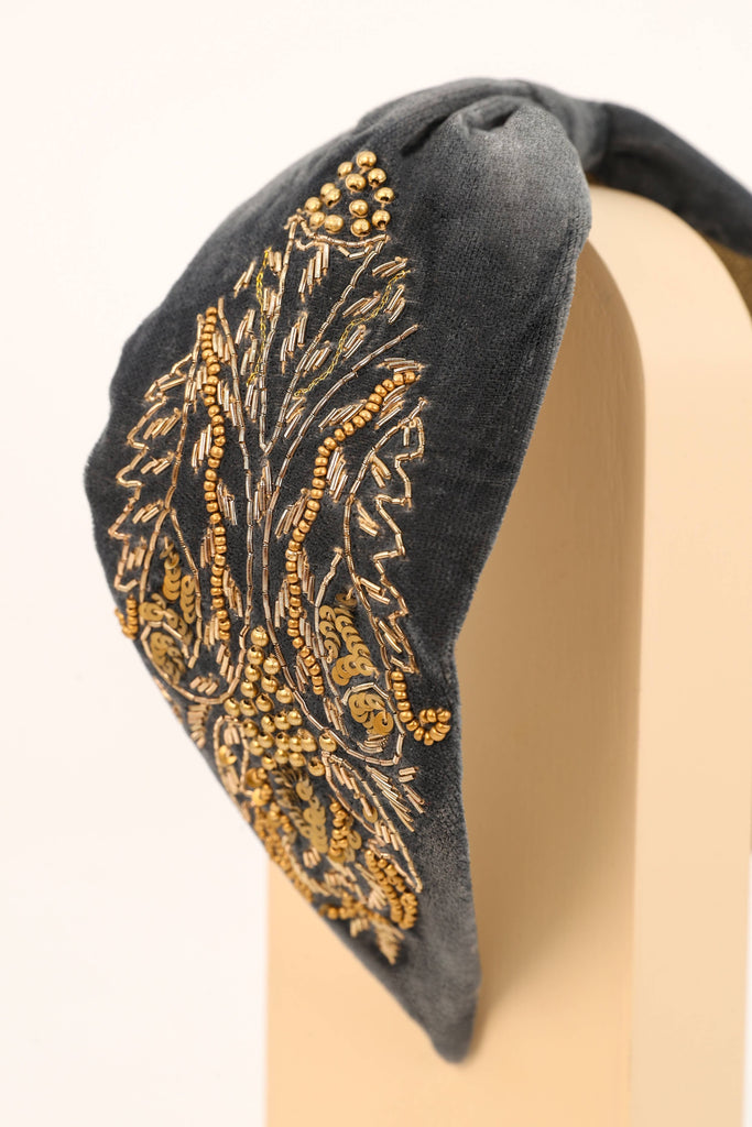 Embellished Wide Velvet Headband - Charcoal