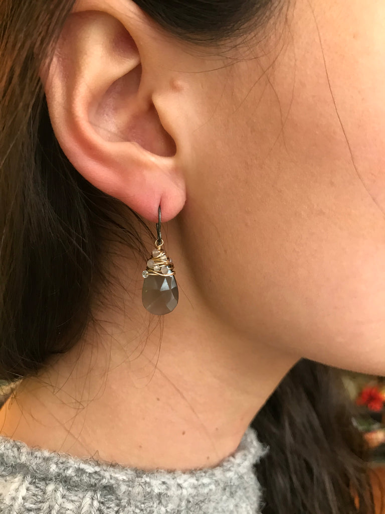 Large Gray Moon Pear Wrapped in Moon and Quartz Earrings