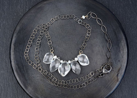 Five Mixed Shape Quartz with Pearls on Circle Chain