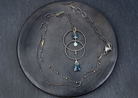 Moss Kyanite, Opal, and Blue Diamond Interlocked Circle Necklace