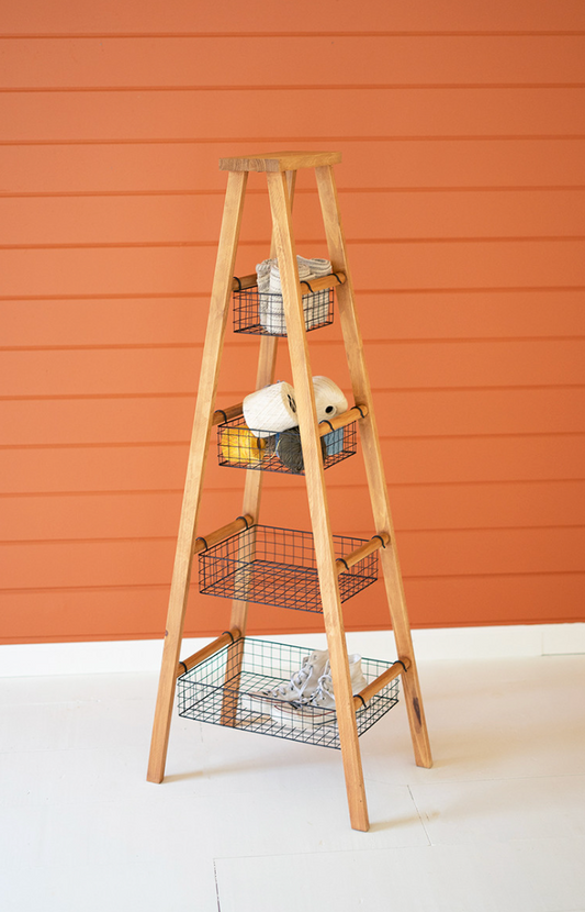 Wooden Ladder with Wire Baskets Display