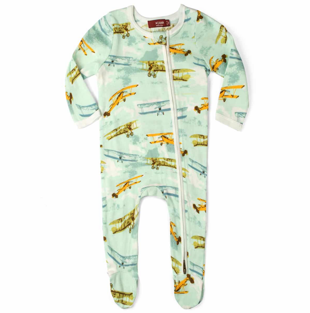 Organic Cotton Zipper Footed Romper - Vintage Planes